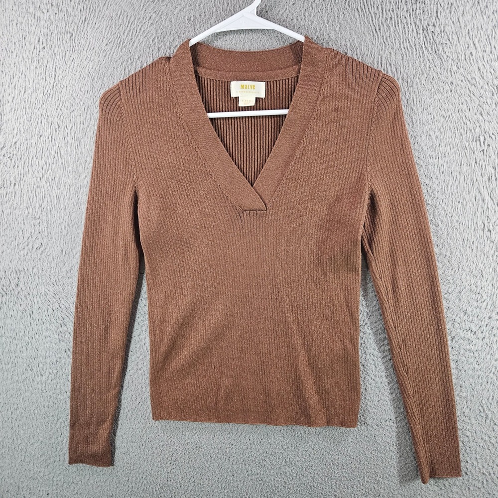 Maeve Anthropologie Ribbed V-Neck Metallic Sweater Copper Brown XS Long Sleeve